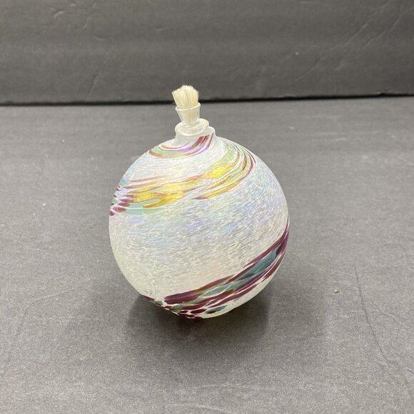 Art Glass Hand Blown Oil Lamp Round White Iridescent Green Pink Swirl w Wick - Picture 4 of 9